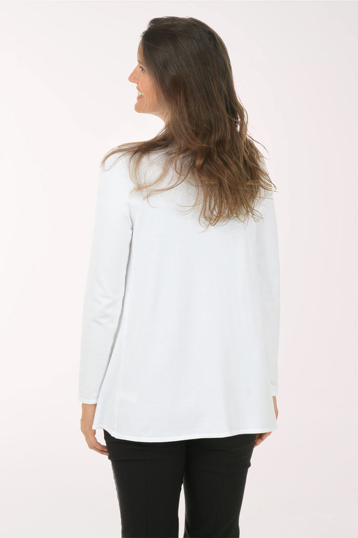 Woman wearing a white cardigan over a black top on a white background