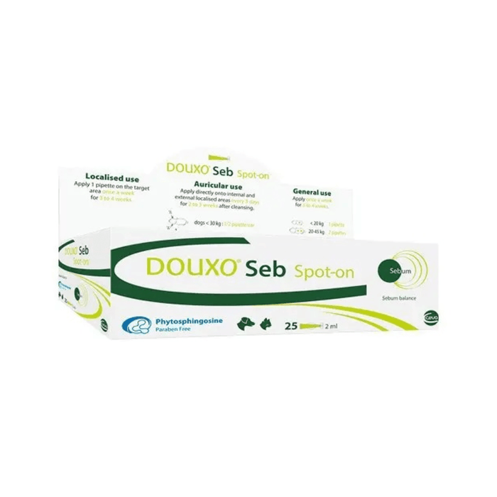 A box of DOUXO Seb Spot-on treatment, featuring a white and green color scheme with product details and usage instructions printed on the packaging.