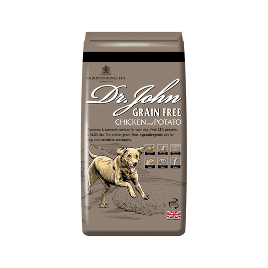 White background with an brown bag of Dr.John Grain Free Chicken and Potato dry food. Pictured on the bag is an illustrated Labrador dog in a farm field.