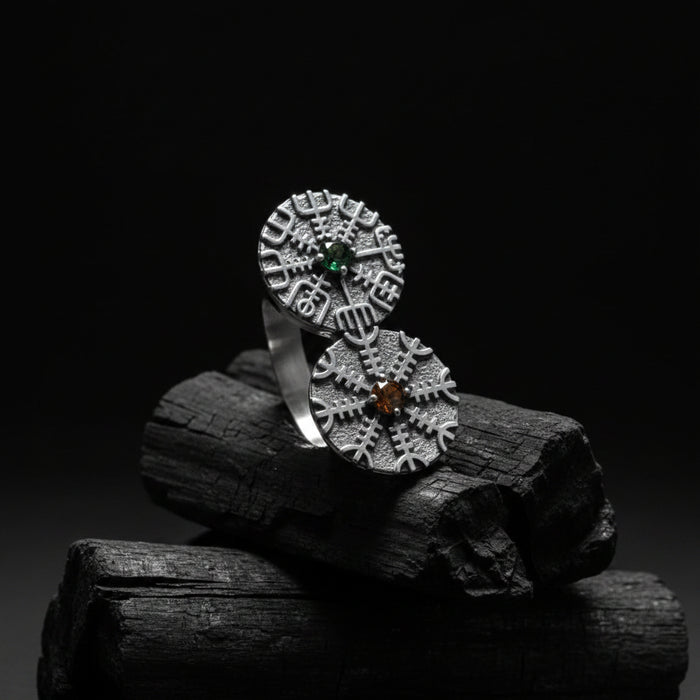 vkngjewelry Ring Dual Vegvísir & Aegishjalmur Silver Viking Ring