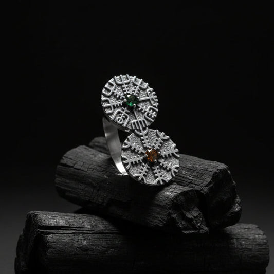 vkngjewelry Ring Dual Vegvísir & Aegishjalmur Silver Viking Ring