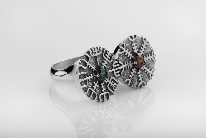 vkngjewelry Ring Dual Vegvísir & Aegishjalmur Silver Viking Ring