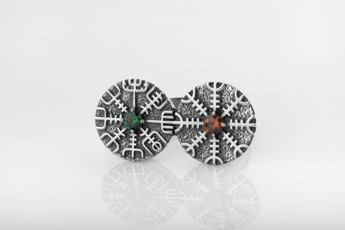 vkngjewelry Ring Dual Vegvísir & Aegishjalmur Silver Viking Ring