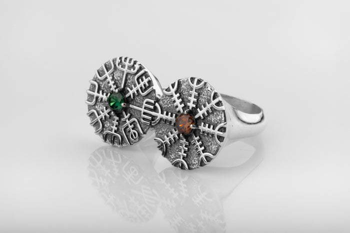 vkngjewelry Ring Dual Vegvísir & Aegishjalmur Silver Viking Ring