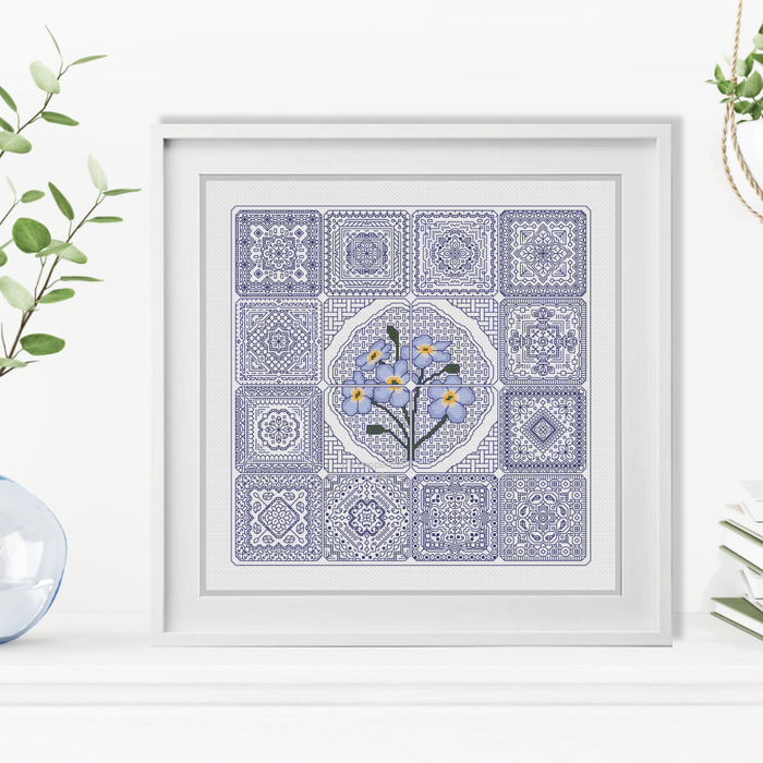 Dutch Tiles - Forget Me Not Blackwork Pattern by Peppermint Purple