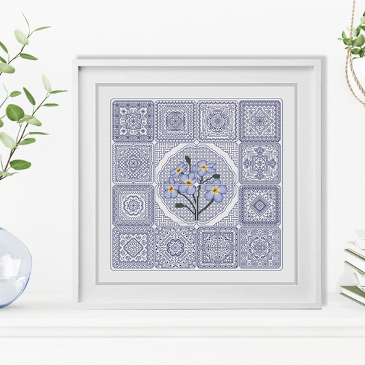 Dutch Tiles - Forget Me Not Blackwork Pattern by Peppermint Purple