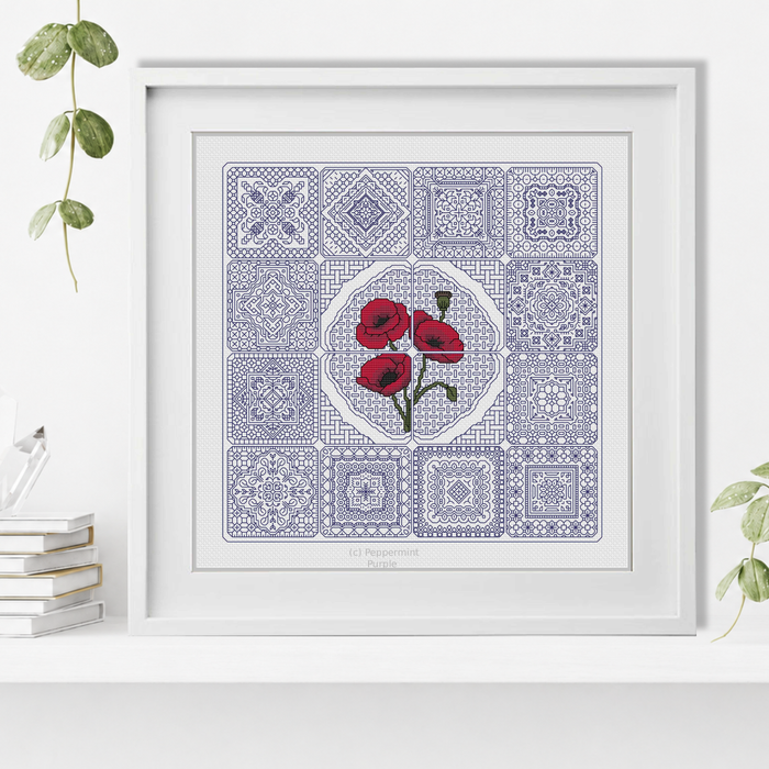 Dutch Tiles - Poppies Blackwork Pattern by Peppermint Purple