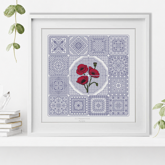 Dutch Tiles - Poppies Blackwork Pattern by Peppermint Purple