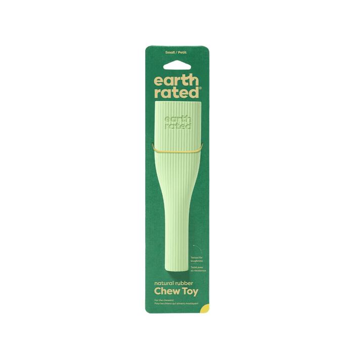 White background with a pale green Small Earth Rated Chew dog toy attached to a dark green cardboard tag.
