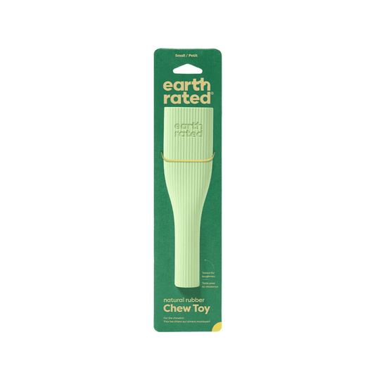 White background with a pale green Small Earth Rated Chew dog toy attached to a dark green cardboard tag.