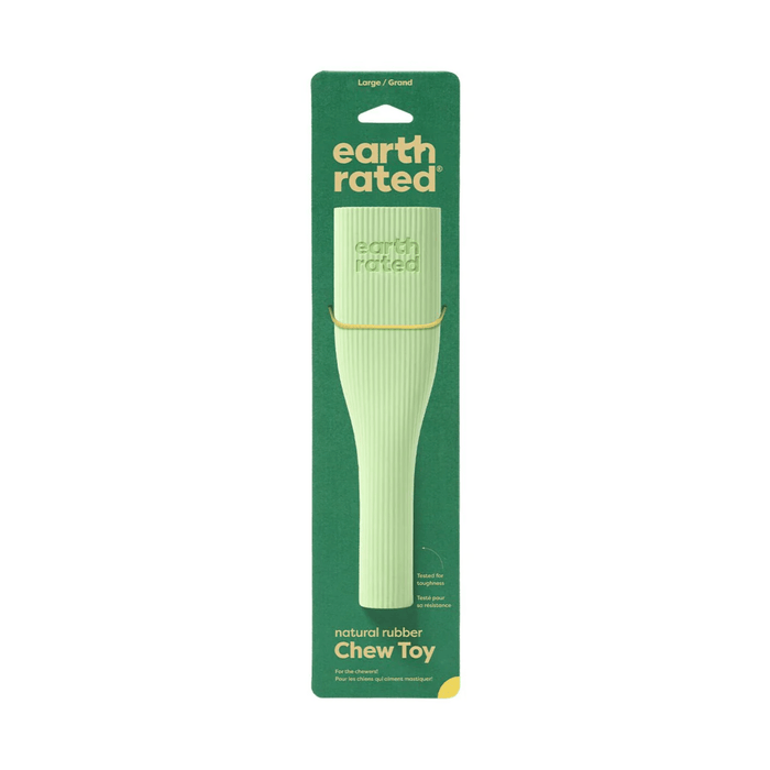 White background with a pale green Large Earth Rated Chew dog toy attached to a dark green cardboard tag.
