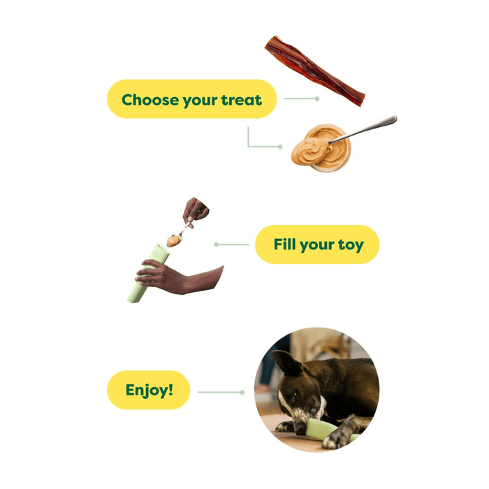 White background with instructions on how to fill a Earth Rated Chew dog toy.