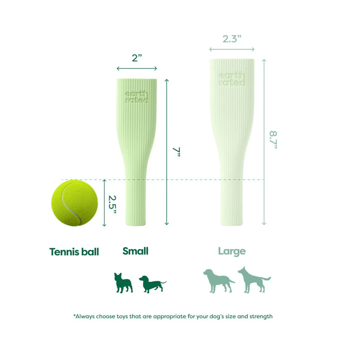 White background with a pale green Earth Rated Chew dog toy pictured next to a tennis ball for scale, with measurements for both sizes.