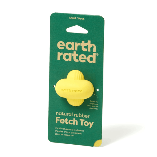White background with a yellow Small Earth Rated Fetch dog toy attached to a dark green cardboard tag.