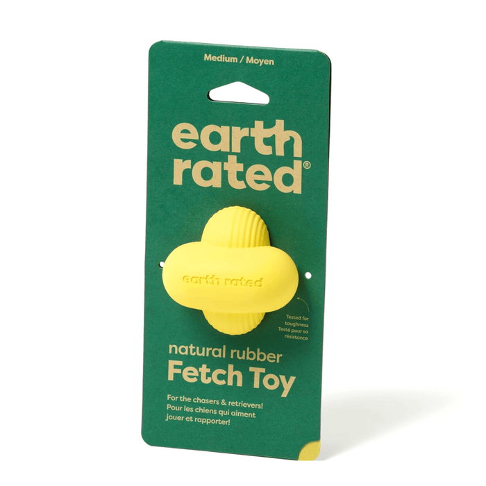 White background with a yellow medium Earth Rated Fetch dog toy attached to a dark green cardboard tag.