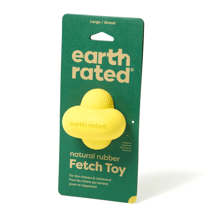 White background with a yellow large Earth Rated Fetch dog toy attached to a dark green cardboard tag.