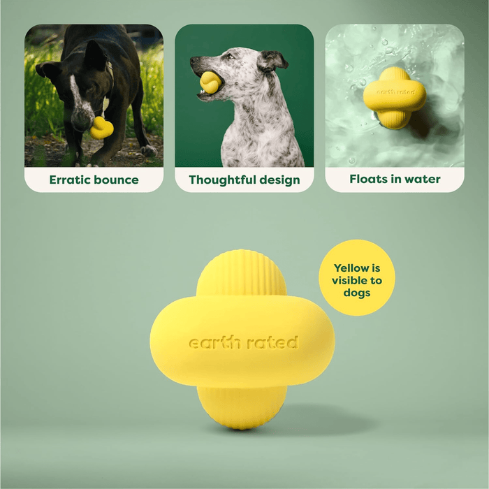 Green background with a yellow Earth Rated Fetch dog toy in the centre, with pictures above of dogs playing with the toys with features listed.