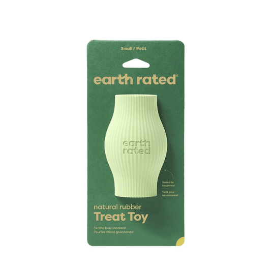 White background with a pale green Small Earth Rated Treat dog toy attached to a dark green cardboard tag.