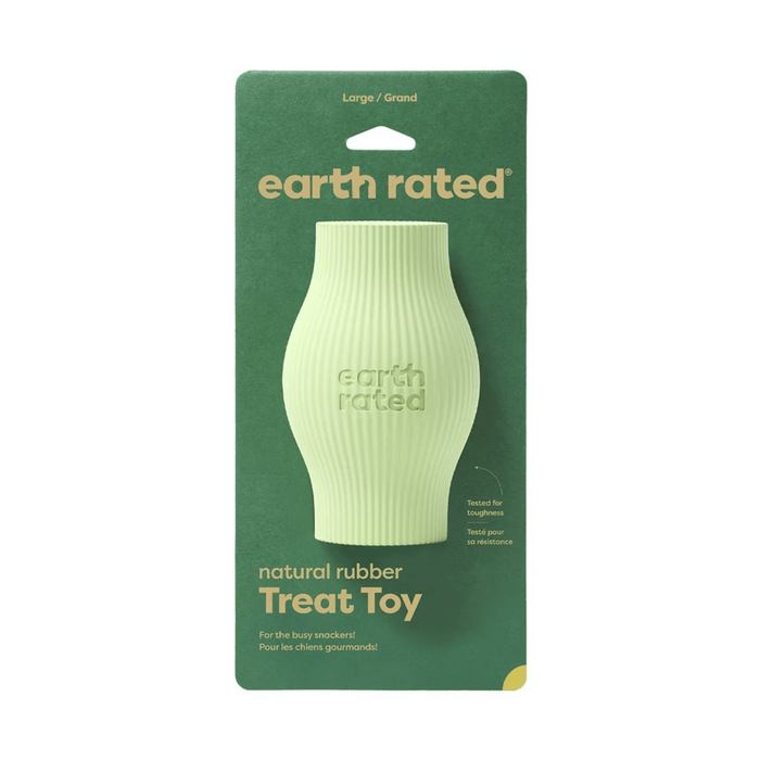 White background with a pale green Large Earth Rated Treat dog toy attached to a dark green cardboard tag.