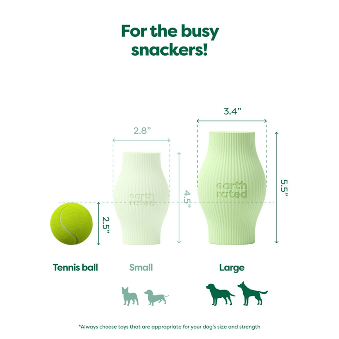 White background with a pale green Large Earth Rated Treat dog toy pictured next to a tennis ball for scale, with the small toy greyed out. With measurements for both.