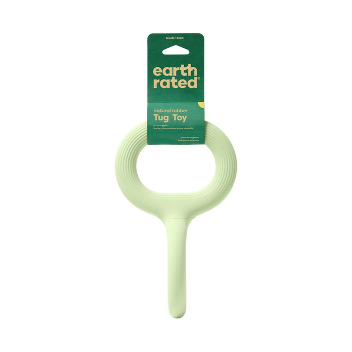 White background with a pale green Small Earth Rated Tug dog toy attached to a dark green cardboard tag.
