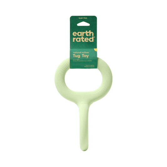 White background with a pale green Small Earth Rated Tug dog toy attached to a dark green cardboard tag.