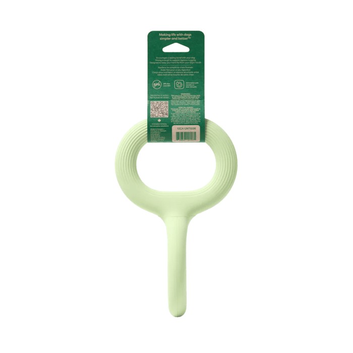 White background with a back view of a  pale green Small Earth Rated Tug dog toy attached to a dark green cardboard tag.