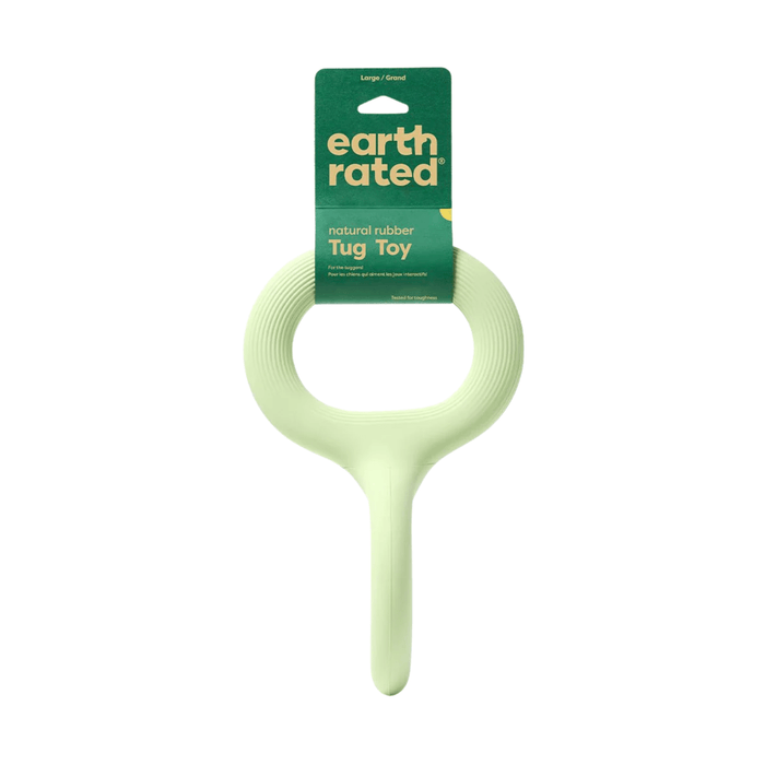 White background with a pale green Large Earth Rated Tug dog toy attached to a dark green cardboard tag.