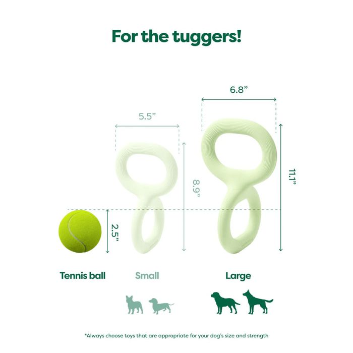 White background with a pale green Large Earth Rated Tug dog toy pictured next to a tennis ball for scale, with the small toy greyed out. With measurements for both.