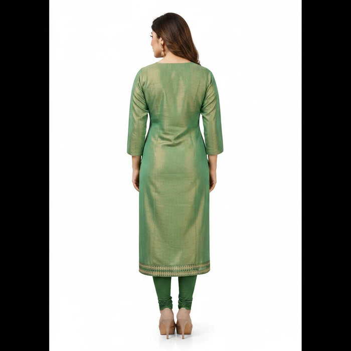 Back view of a Kurti Connection USA green tissue silk kurti with three-quarter sleeves and intricate hem embroidery.