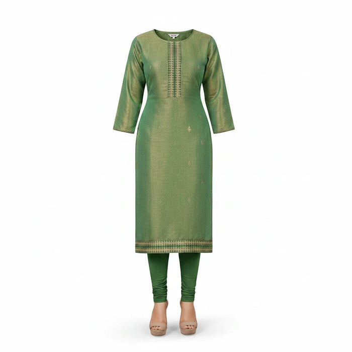 Kurti Connection USA green tissue silk kurti with intricate embroidery and matching leggings for festive occasions.