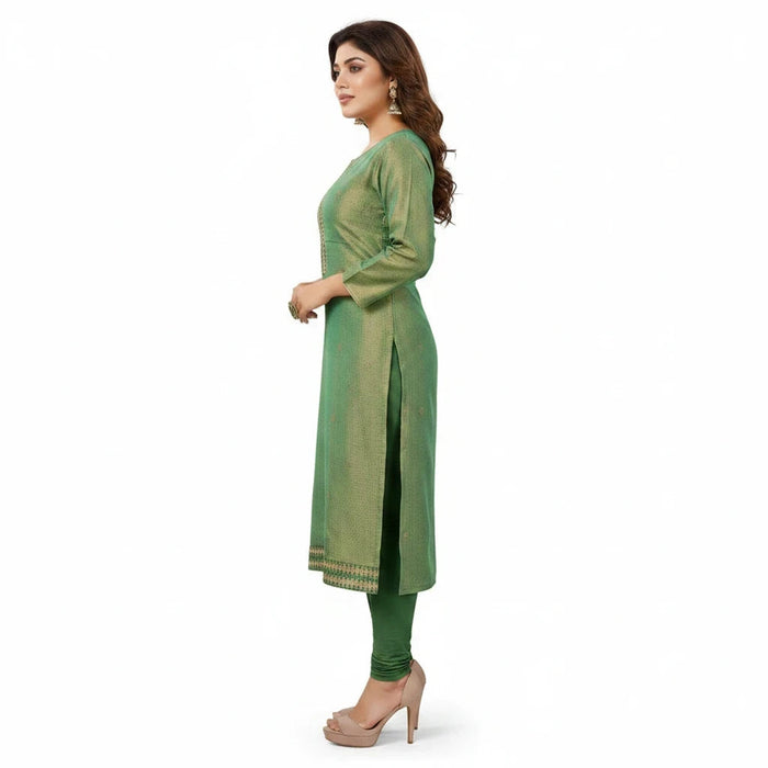 Kurti Connection USA green tissue silk kurti with intricate embroidery and side slits worn by a model