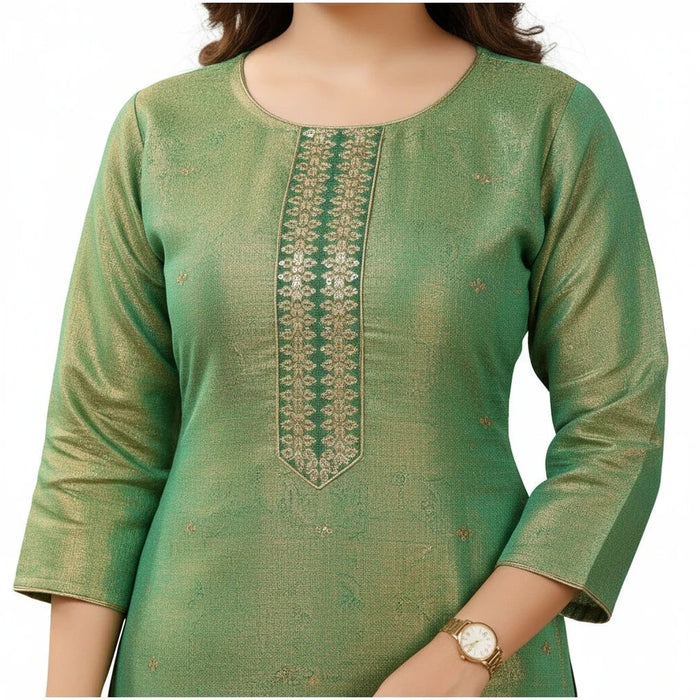 Kurti Connection USA green tissue silk kurti with gold embroidery on the neckline and three-quarter sleeves