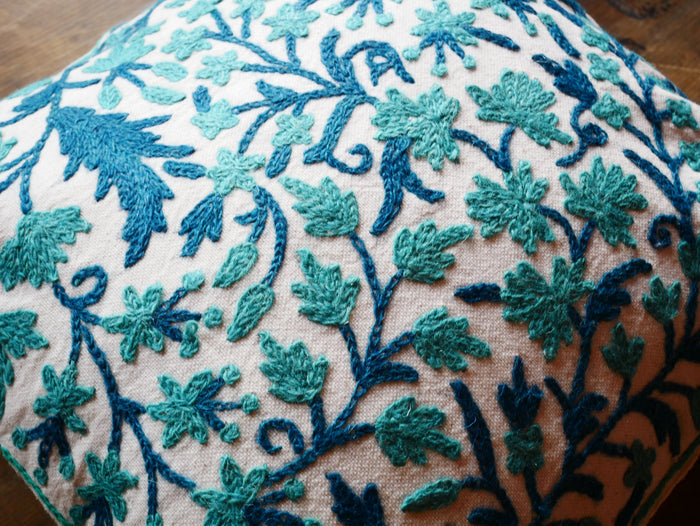 Embroidery pillow Kashmiri Crewel Pillow Cover: Handcrafted by Artisans 16x16 inches
