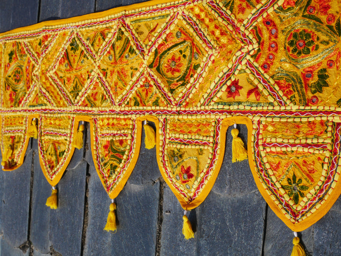 Embroidery Toran - Indian door hanging - Boho window valance yellow red or purple