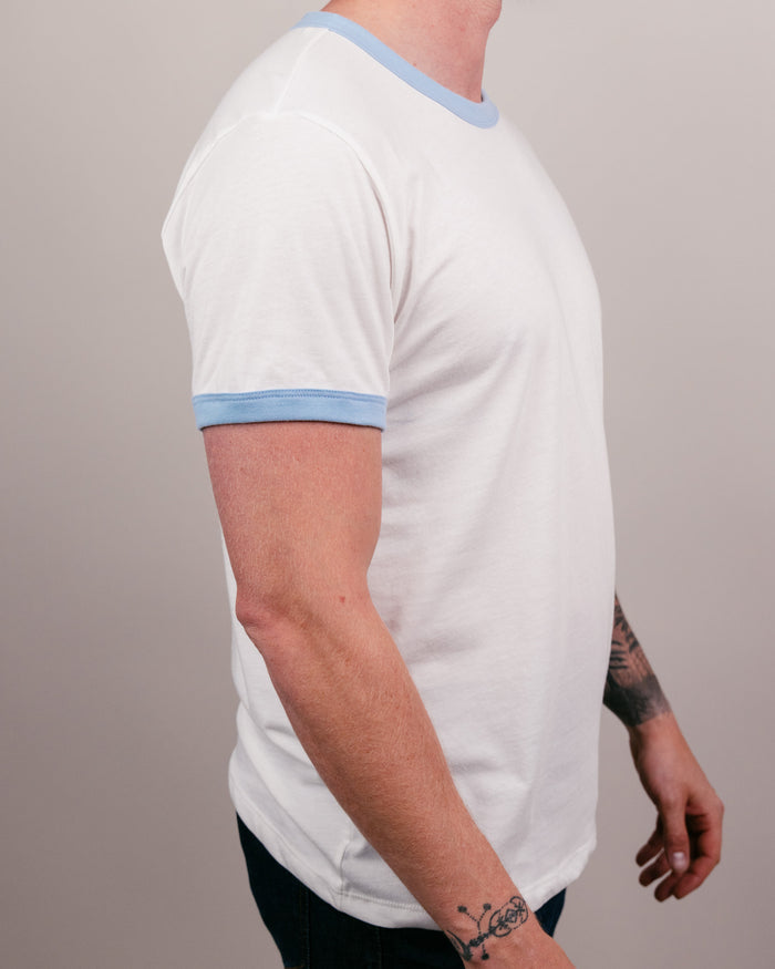 White & Powder Blue Essential Unisex Vintage Ringer T-Shirt Side