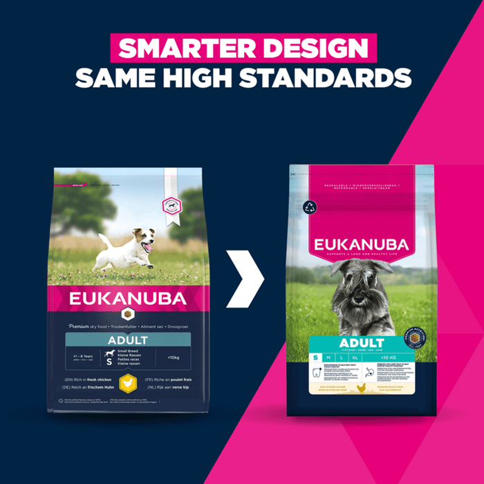 Eukanuba dog food package change notice with a comparison of 'smarter design' on a blue and pink background