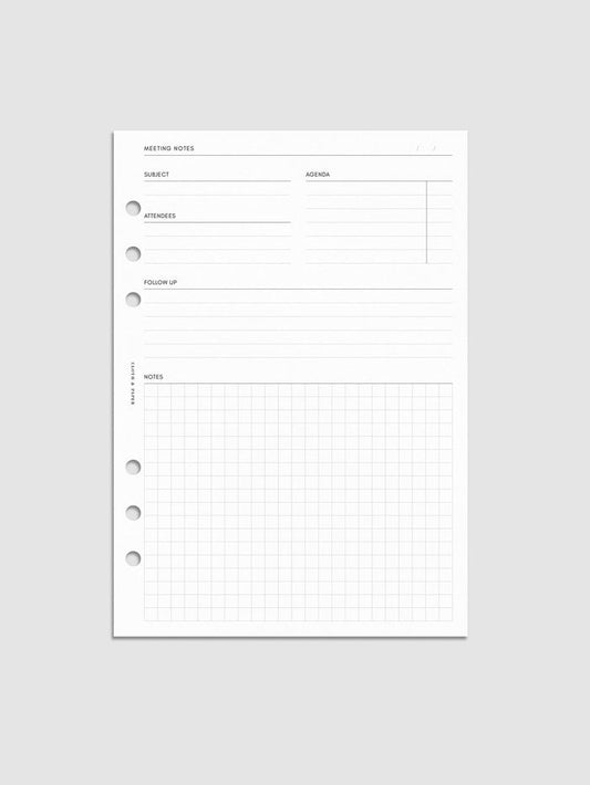 A minimal meeting notes insert with structured sections for subject, agenda, attendees, follow-up, and a gridded notes area. Clean white design with subtle grey lines and three binder punches on the left.