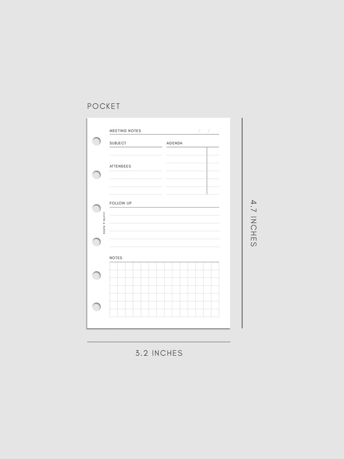 Pocket size meeting notes insert measuring 3.2 by 4.7 inches. The minimal layout includes sections for subject, agenda, attendees, follow-up, and a gridded notes area with three ring punches on the side.