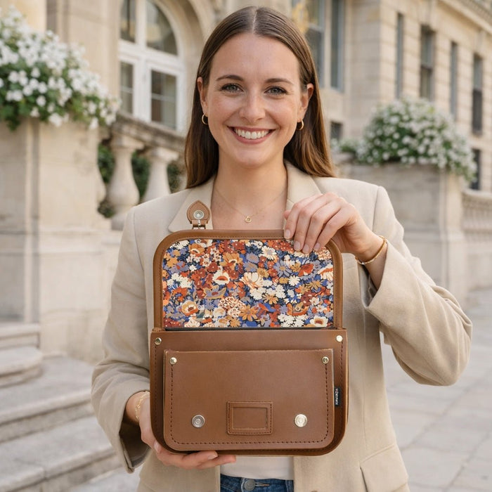 Floral Lined Leather Midi Satchel - Chestnut - Bascora