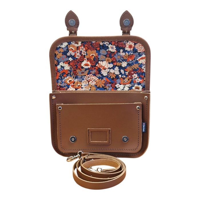 Floral Lined Leather Midi Satchel - Chestnut - Bascora