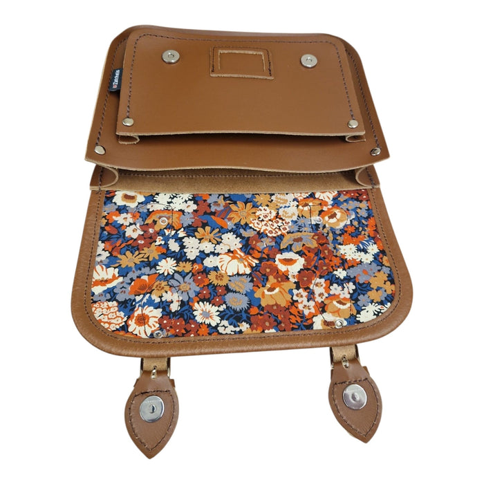 Floral Lined Leather Midi Satchel - Chestnut - Bascora