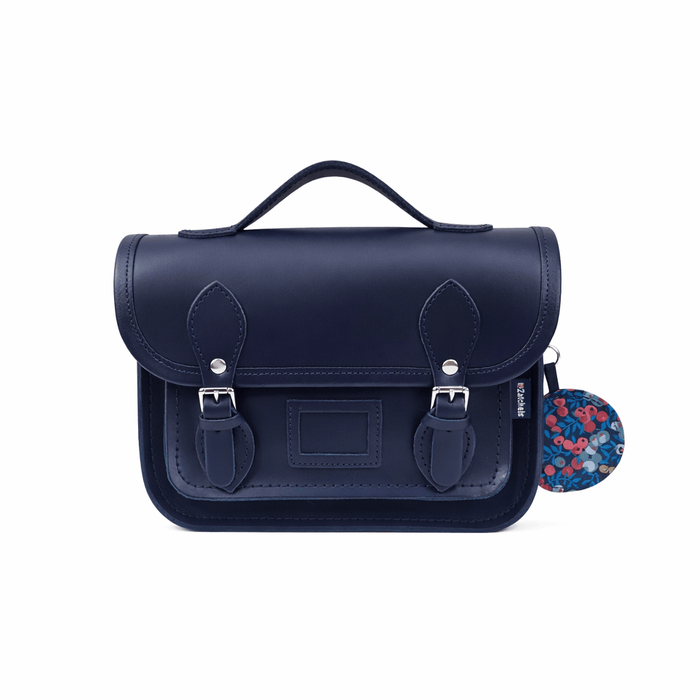 Floral Lined Leather Midi Satchel - Navy - Bascora
