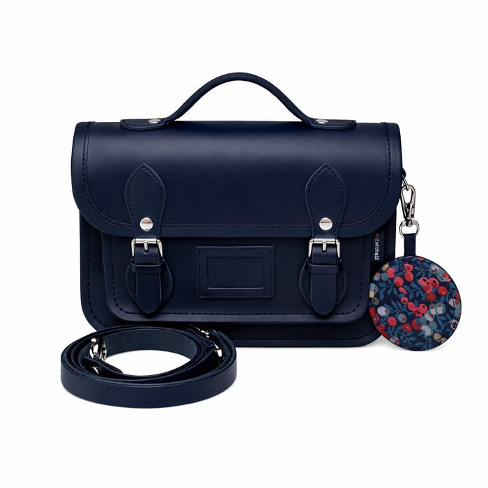 Floral Lined Leather Midi Satchel - Navy - Bascora