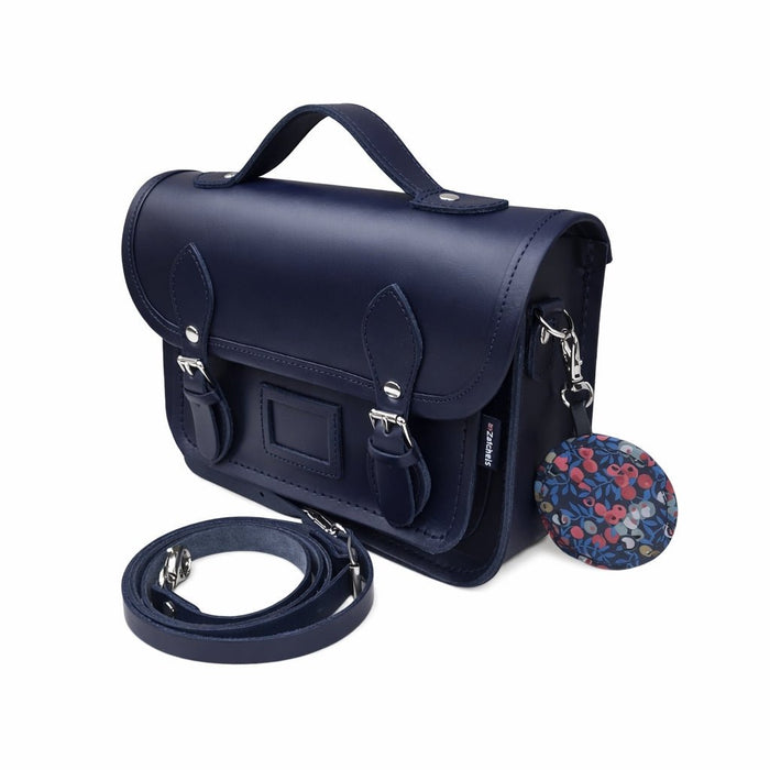 Floral Lined Leather Midi Satchel - Navy - Bascora