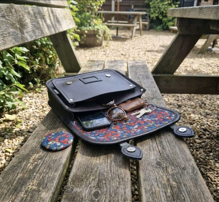 Floral Lined Leather Midi Satchel - Navy - Bascora