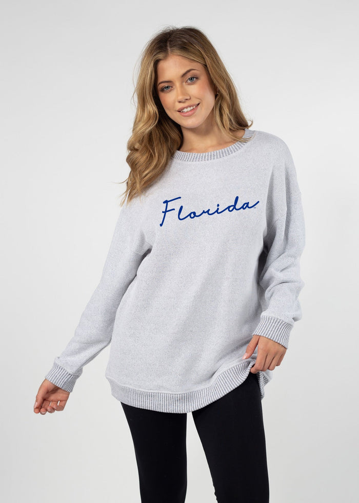 Florida Gators Women's Heather-Grey Relaxed, straight Yarn-dyed brushed fleece Sweatshirt with the look of sweater, the touch of a blanket, crew neckline and ribbed neck, cuffs and hem