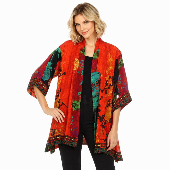 Flowing Floral Art-Print Kimono Jacket - 0917VVF