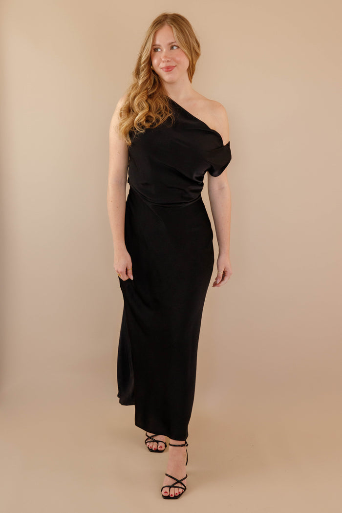 Women's Black Satin Maxi Dress- Women's Off The Shoulder Black Dress- Cocktail Dresses