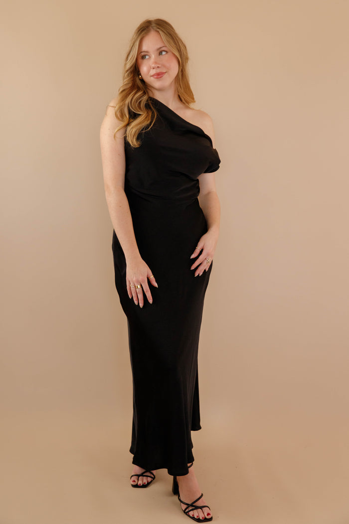 Women's Black Satin Maxi Dress- Women's Off The Shoulder Black Dress- Cocktail Dresses